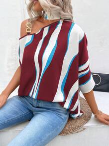 SHEIN LUNE 撞色鏈條細節不對稱領蝙蝠袖襯衫 - 紅色 - 查看 5