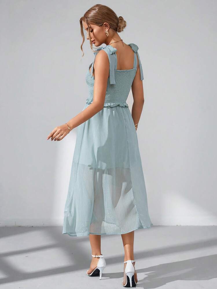 SHEIN Privé Đầm Tương phản Mesh Thắt nút Dải chun màu trơn Giải trí - Màu xanh nhạt - Xem 2