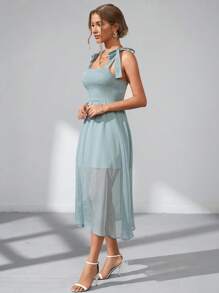 SHEIN Privé Đầm Tương phản Mesh Thắt nút Dải chun màu trơn Giải trí - Màu xanh nhạt - Xem 3