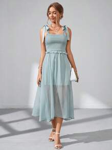 SHEIN Privé Đầm Tương phản Mesh Thắt nút Dải chun màu trơn Giải trí - Màu xanh nhạt - Xem 4