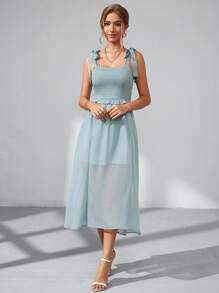 SHEIN Privé Đầm Tương phản Mesh Thắt nút Dải chun màu trơn Giải trí - Màu xanh nhạt - Xem 5