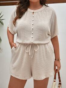 SHEIN Frenchy 大碼前紐扣腰部抽繩蝙蝠袖連身短褲 - 米色 - 查看 5