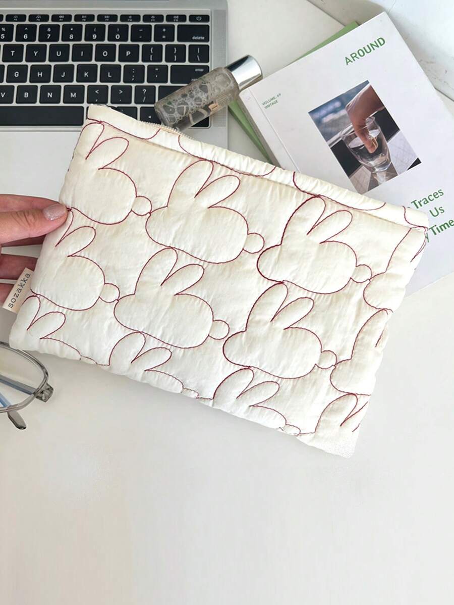 1Pc Bông Họa Tiết Thỏ Chống Nước Dễ Thương Thỏ Túi Lục Giác Dung Tích Lớn Túi Trang Điểm Cho Nữ Cô Gái Bảo Quản Trang Điểm Sắp Xếp Hộp Đựng Trang Điểm - Màu be - Xem 1