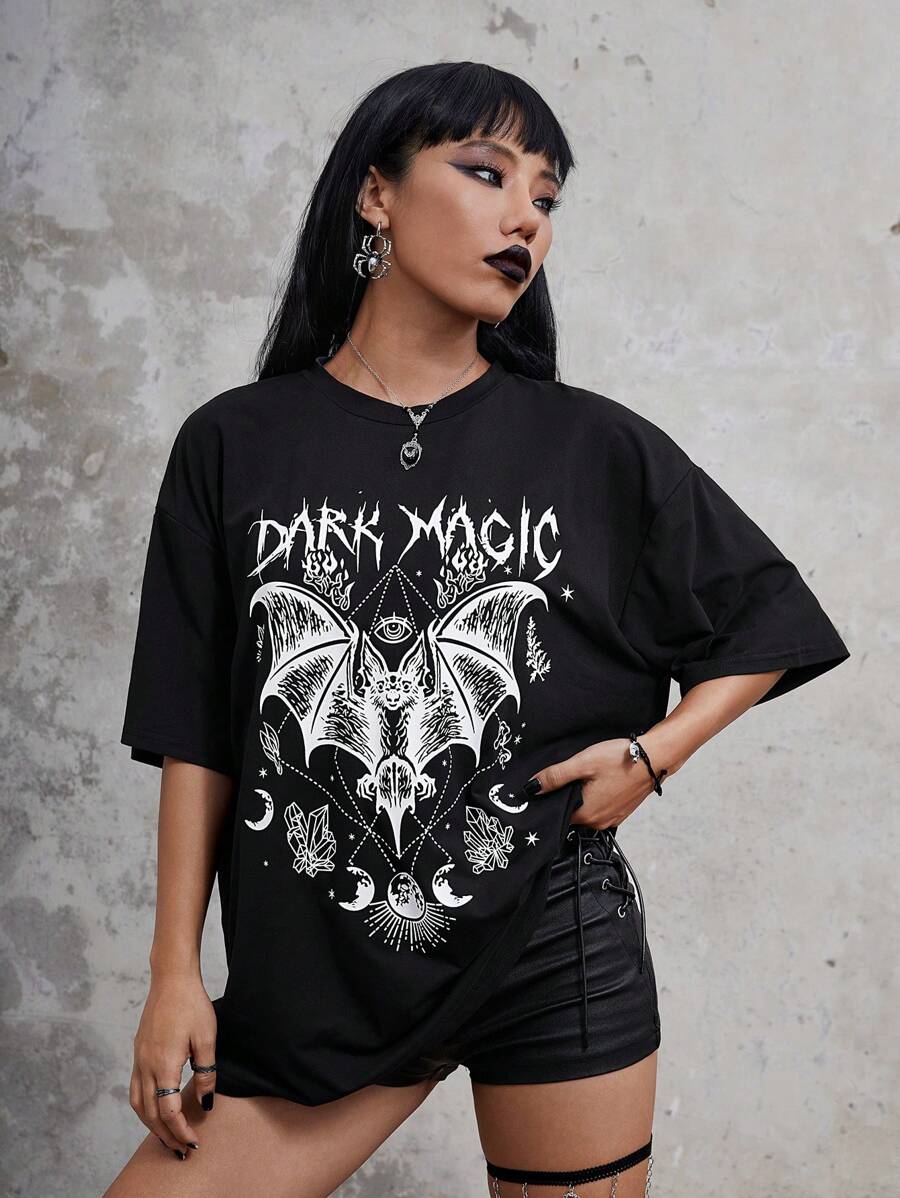 ROMWE Goth Bat Print Drop Shoulder Tee - Black - View 1