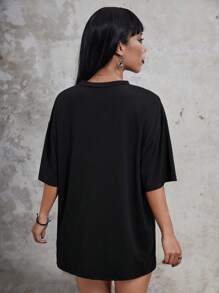 ROMWE Goth Bat Print Drop Shoulder Tee - Black - View 2