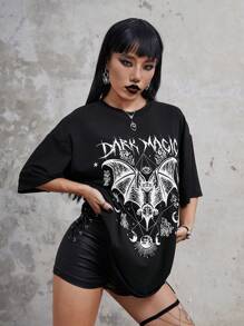 ROMWE Goth Bat Print Drop Shoulder Tee - Black - View 3