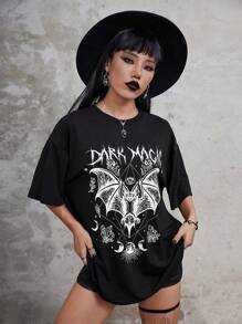 ROMWE Goth Bat Print Drop Shoulder Tee - Black - View 4