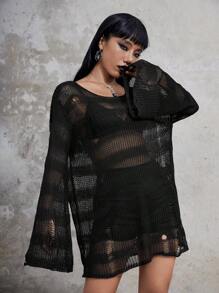 ROMWE Goth 纯色落肩毛衣裙（无胸罩）学校 - 黑色 - 查看 1