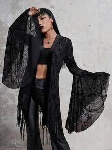 ROMWE Goth In hoa Paisley Fringe Hem Tay áo chuông Lưới Áo - màu đen - Xem 2