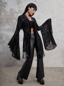 ROMWE Goth In hoa Paisley Fringe Hem Tay áo chuông Lưới Áo - màu đen - Xem 5