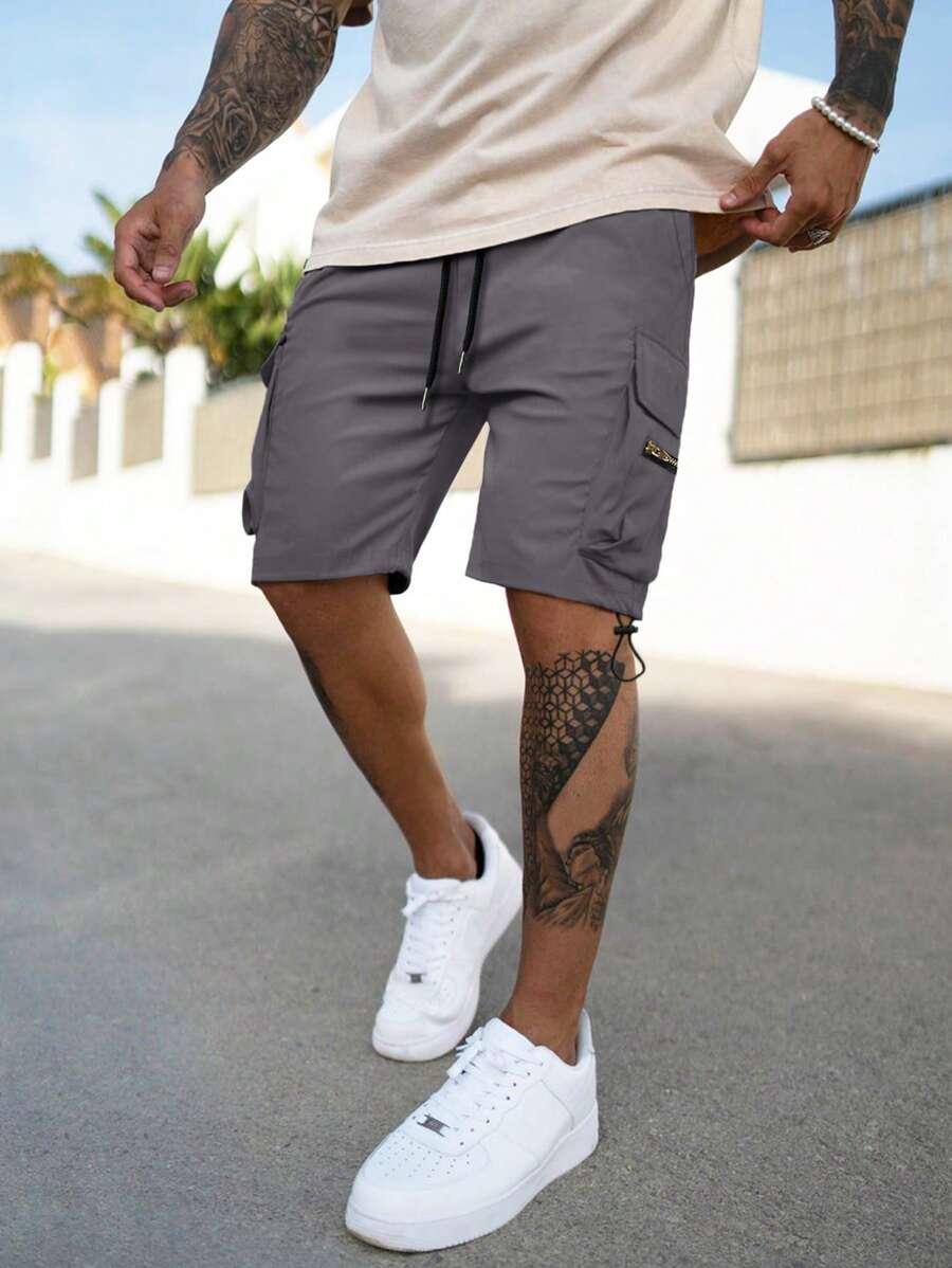 Manfinity Homme Nam Túi có nắp Eo dây rút Quần short - Màu xám đen - Xem 1