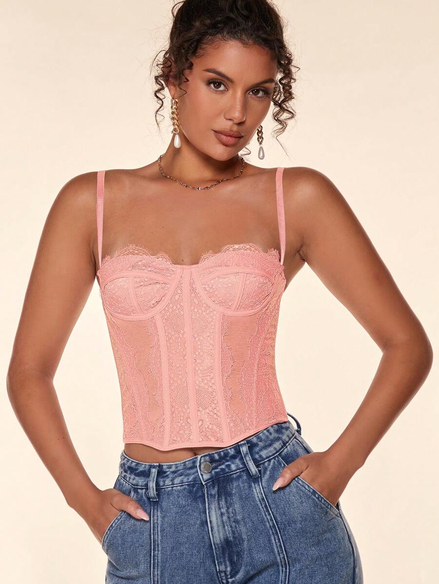 SHEIN BAE Ladies' Slim Fit Lace Contrast Mesh Camisole Top,Fall/Autumn - Coral Pink - View 1