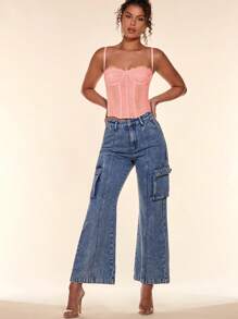 SHEIN BAE Ladies' Slim Fit Lace Contrast Mesh Camisole Top,Fall/Autumn - Coral Pink - View 3