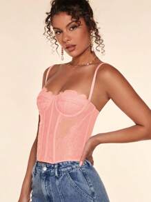 SHEIN BAE Ladies' Slim Fit Lace Contrast Mesh Camisole Top,Fall/Autumn - Coral Pink - View 5