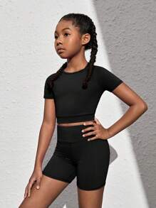 SHEIN Leap Crew Tween Girl Solid Crop Tee & Wideband Waist Biker Shorts - Black - View 5