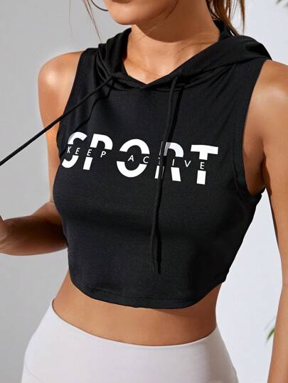 Gameset SHEIN Sport Sudadera con capucha corta deportiva sin mangas con gráfico de letras y cordón