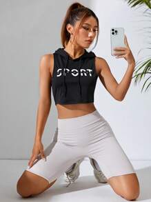 Gameset SHEIN Sport 字母图案抽绳无袖短款运动卫衣 - 黑色 - 查看 4