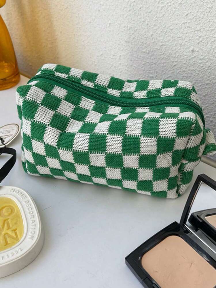 1Pc Checkerboard Green Large Capacity Portable Fabric Makeup Bag For Women Girls ,Makeup Bag Makeup Pouch Skincare Bag Toiletry Bag Packing Cubes,Travel Essentials Cruise Essentials Dorm Essentials,Wedding Bridesmaid Gifts,Mom Gifts,Birthday Gifts,Gifts For Friends And Teachers,Home Decor,Bathroom Livingroom Bedroom Decor,Bathroom Organizer,Jewelry Organizer,Lip Oil Organizer,Nail Polish Organizer