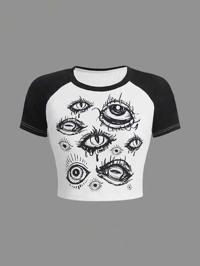 Goth Maglietta a manica corta a blocchi di colore con motivo occhio misterioso, perfetta per l
