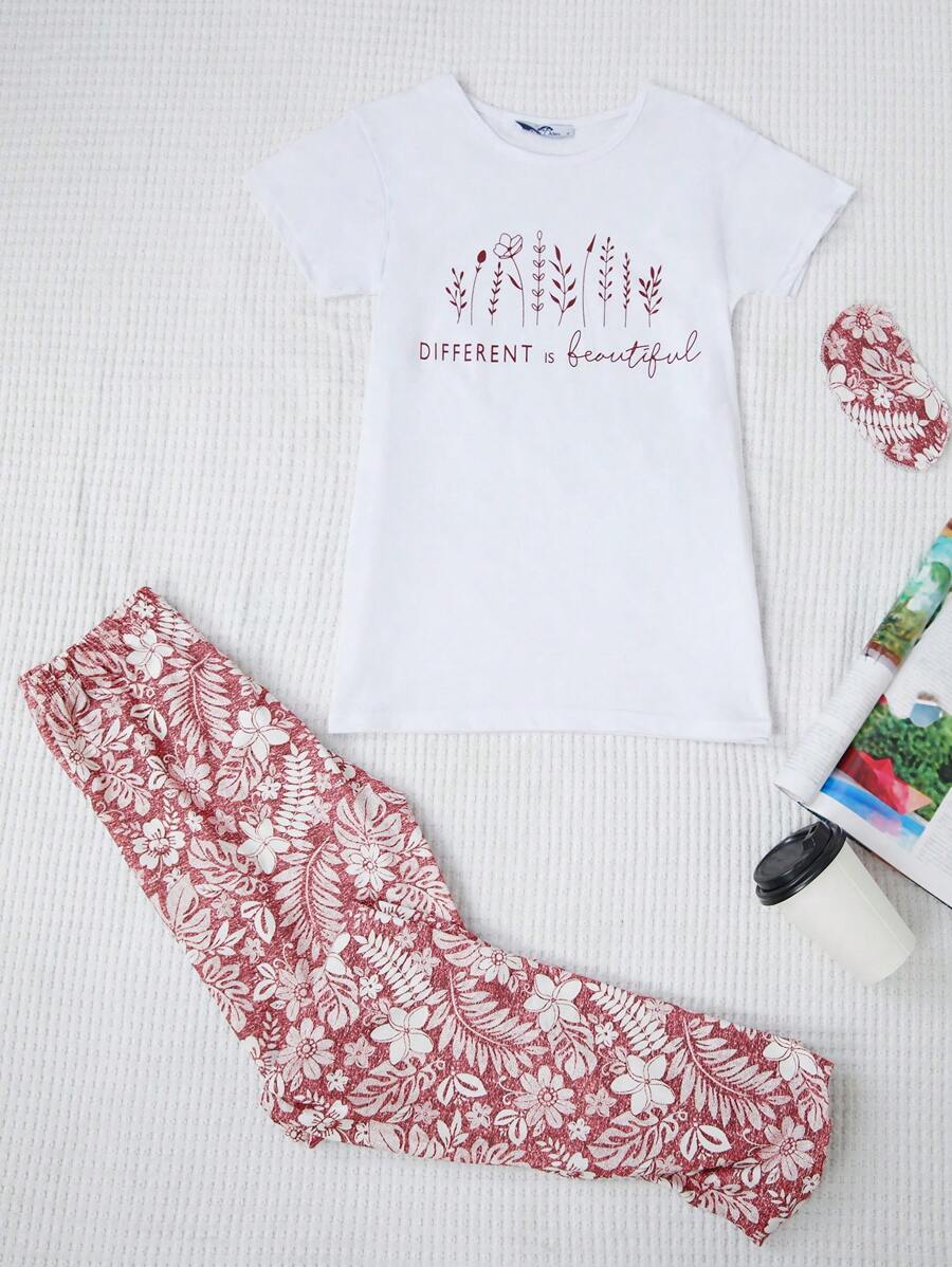 RueChic Slogan Graphic Tee & Floral Print Pants PJ Set With Eye Cover - Multicolor - View 1