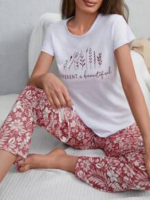 RueChic Slogan Graphic Tee & Floral Print Pants PJ Set With Eye Cover - Multicolor - View 2