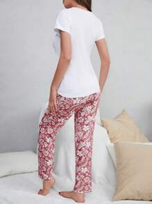 RueChic Slogan Graphic Tee & Floral Print Pants PJ Set With Eye Cover - Multicolor - View 3
