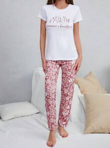 RueChic Slogan Graphic Tee & Floral Print Pants PJ Set With Eye Cover - Multicolor - View 4