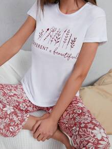 RueChic Slogan Graphic Tee & Floral Print Pants PJ Set With Eye Cover - Multicolor - View 7