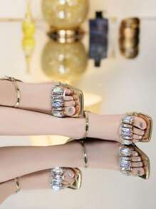 女士金屬質感水鑽裝飾單帶高跟涼鞋,魅力四射金色PVC酒杯跟踝帶高跟涼鞋適合夏天 - 金色 - 查看 2