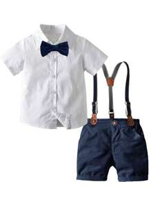 Young Boy Bow Front Shirt & Suspender Shorts
