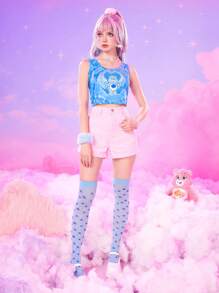 ROMWE X Care Bears 卡通圖案染色背心 - 藍色 - 查看 3