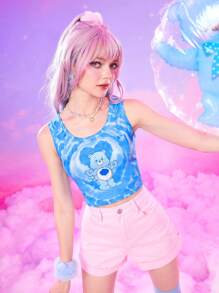 ROMWE X Care Bears 卡通圖案染色背心 - 藍色 - 查看 5