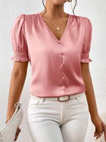SHEIN Frenchy Puff Sleeve Button Front Blouse,Short Sleeve Tops Pink Summer Casual - Dusty Pink - View 1