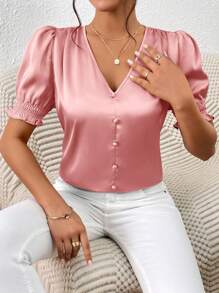 SHEIN Frenchy Puff Sleeve Button Front Blouse,Short Sleeve Tops Pink Summer Casual - Dusty Pink - View 3