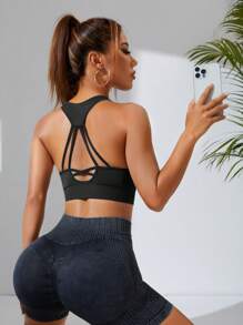 SHEIN Yoga Sxy Crisscross Back Sports Bra - Black - View 3