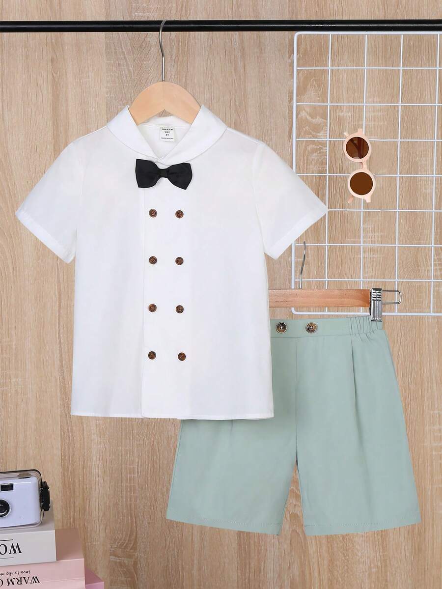 SHEIN Bộ thời trang bé trai Nút đôi Nơ trước Nút phía trước Khối Màu Buổi tiệc - Nhiều màu - Xem 1