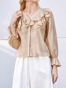 SHEIN Frenchy Ruffle Trim Flounce Sleeve Button Front Blouse Winter Elegant - Apricot - View 3