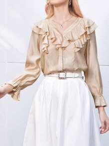 SHEIN Frenchy Ruffle Trim Flounce Sleeve Button Front Blouse Winter Elegant - Apricot - View 1