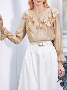 SHEIN Frenchy Ruffle Trim Flounce Sleeve Button Front Blouse Winter Elegant - Apricot - View 5
