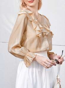 SHEIN Frenchy Ruffle Trim Flounce Sleeve Button Front Blouse Winter Elegant - Apricot - View 6