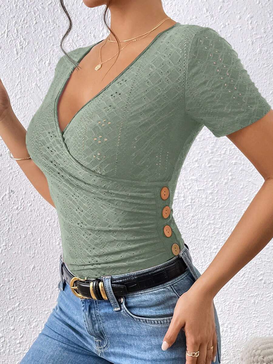 SHEIN Frenchy Eyelet Embroidery Button Detail Ruched Side Wrap Tee Summer Green Casual Christmas - Mint Green - View 1