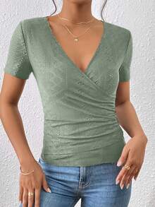 SHEIN Frenchy Eyelet Embroidery Button Detail Ruched Side Wrap Tee Summer Green Casual Christmas - Mint Green - View 3