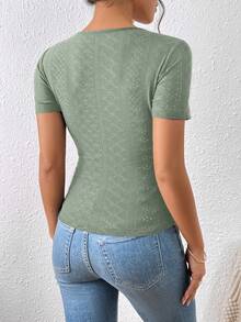 SHEIN Frenchy Eyelet Embroidery Button Detail Ruched Side Wrap Tee Summer Green Casual Christmas - Mint Green - View 6