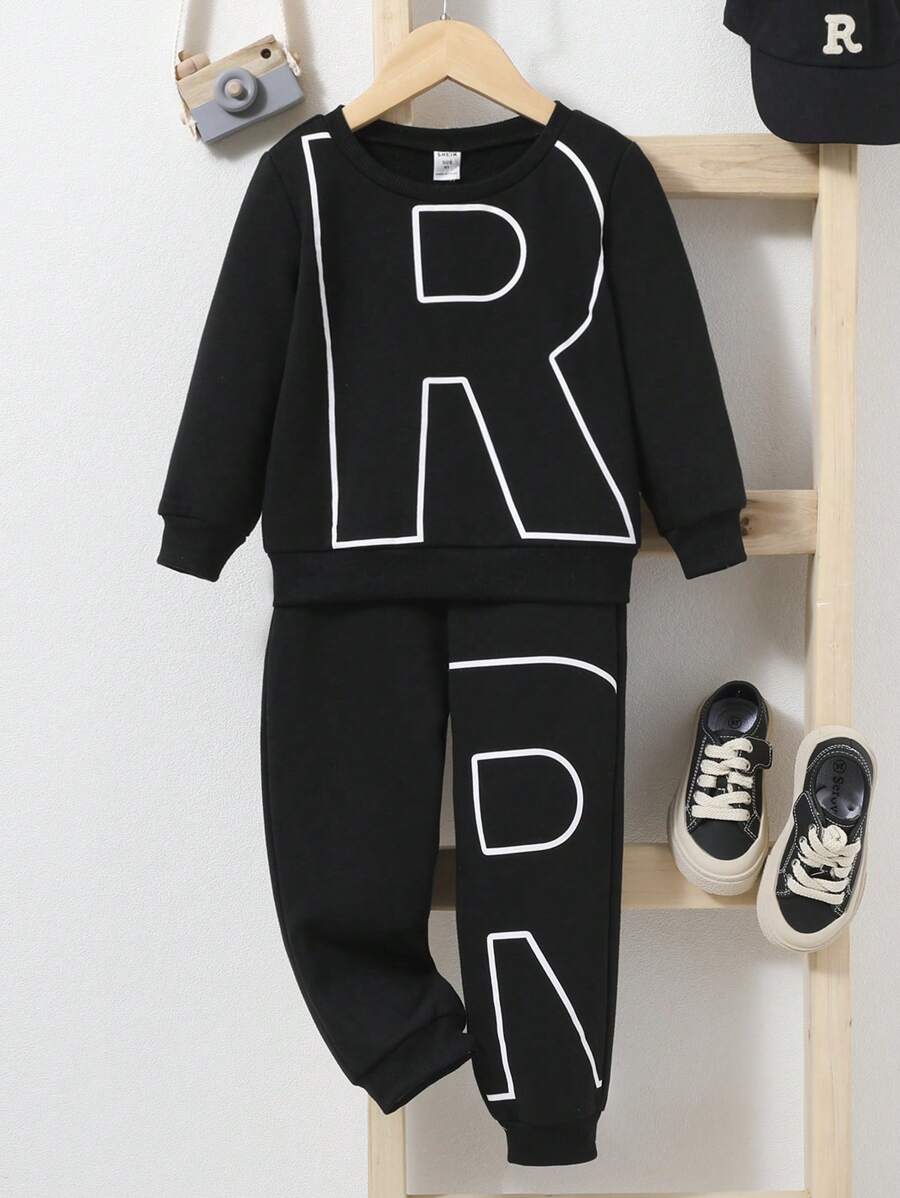 SHEIN Young Boy Letter Graphic Sweatshirt & Joggers - Black - View 1