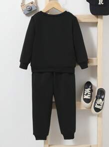 SHEIN Young Boy Letter Graphic Sweatshirt & Joggers - Black - View 2