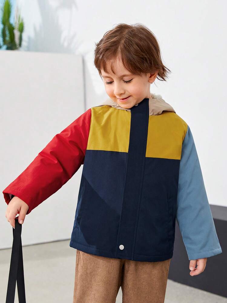 Young Boy Colorblock Zip Up Thermal Hooded Coat