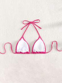 Swim Mod Summer Beach Halter Triangle Bikini Top - Hot Pink - View 2