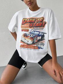 EURMUSE Car & Slogan Graphic Drop Shoulder Tee - White - View 3