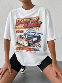 EURMUSE Car & Slogan Graphic Drop Shoulder Tee - White - View 2