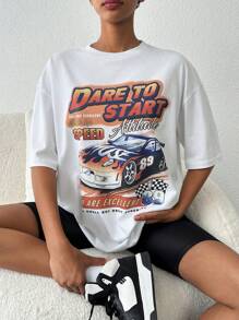 EURMUSE Car & Slogan Graphic Drop Shoulder Tee - White - View 1